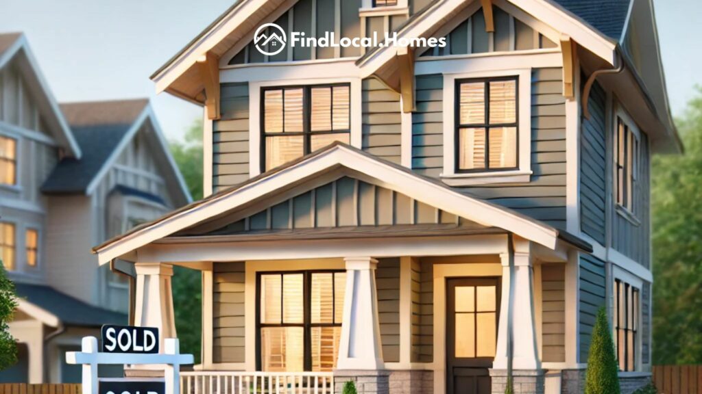 Modern and charming house in Holly Springs, GA, with a welcoming front porch and a 'Sold' sign in the front yard, surrounded by a peaceful neighborhood with greenery and trees.