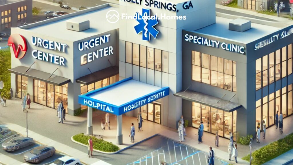 Detailed scene of healthcare facilities in Holly Springs, GA, showcasing a modern hospital, urgent care center, and specialty clinic with medical professionals and patients.