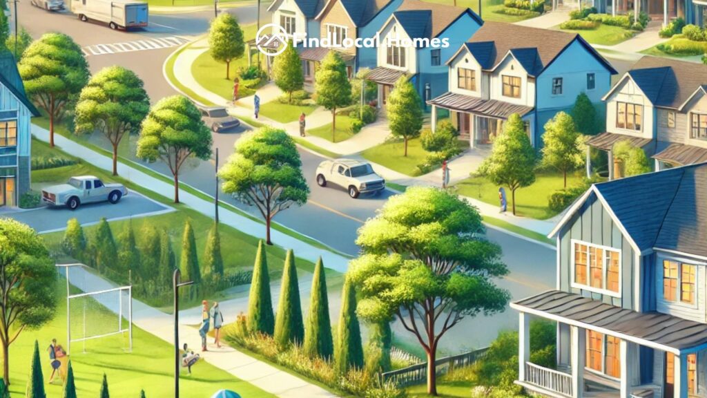 Picturesque scene of Holly Springs, GA, showcasing modern homes, lush greenery, community spaces, a family enjoying a park, and people walking on a tree-lined street.