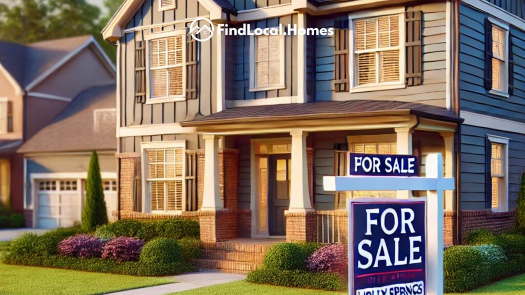 Modern and inviting house in Holly Springs, GA, with a well-maintained lawn and a 'For Sale' sign in the front yard.