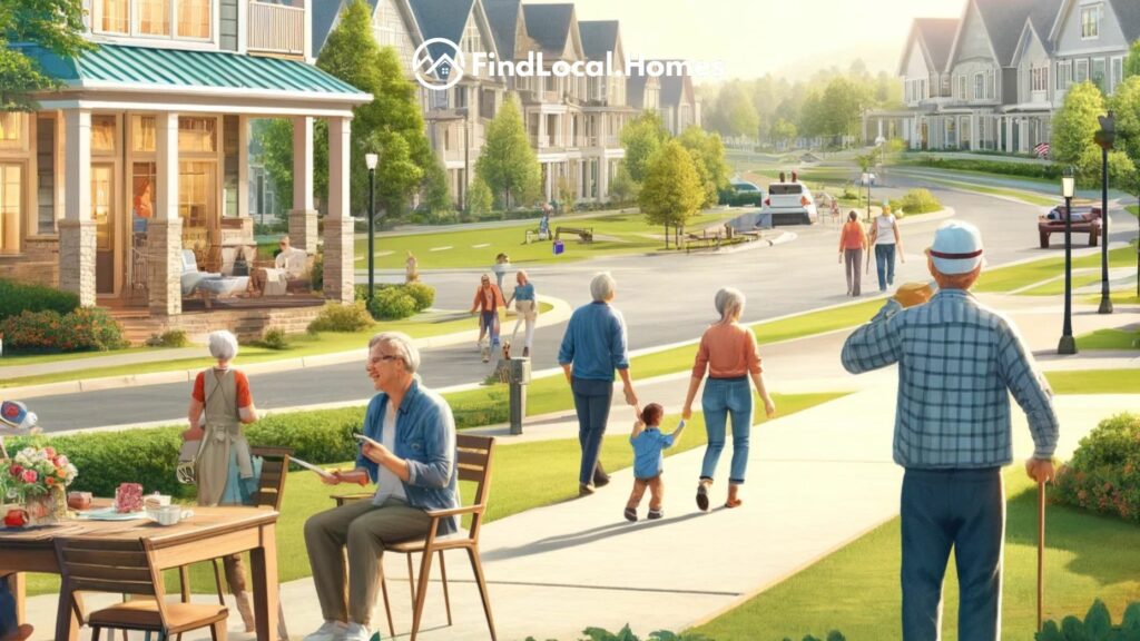 Serene and inviting scene of Holly Springs, GA, showcasing a friendly neighborhood with modern homes, lush green parks, and active retirees enjoying community activities.